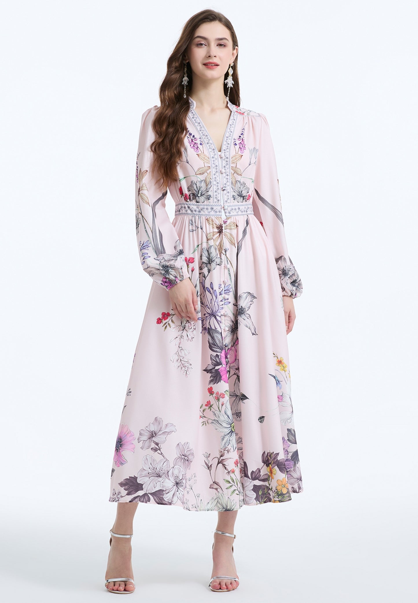 Retro Light Pink V-neck Suit Collar Dress