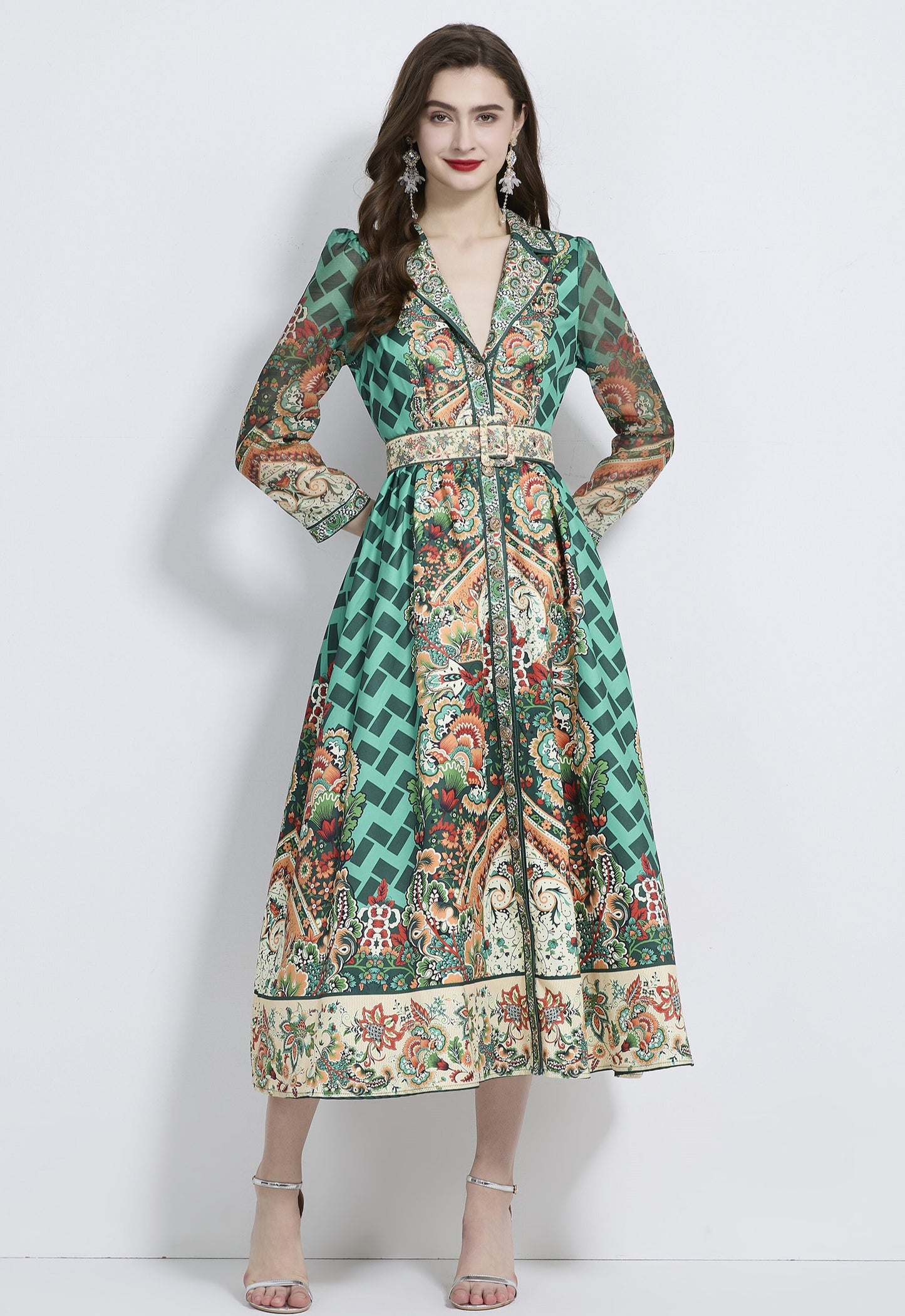 Retro Green V-neck Suit Collar Dress