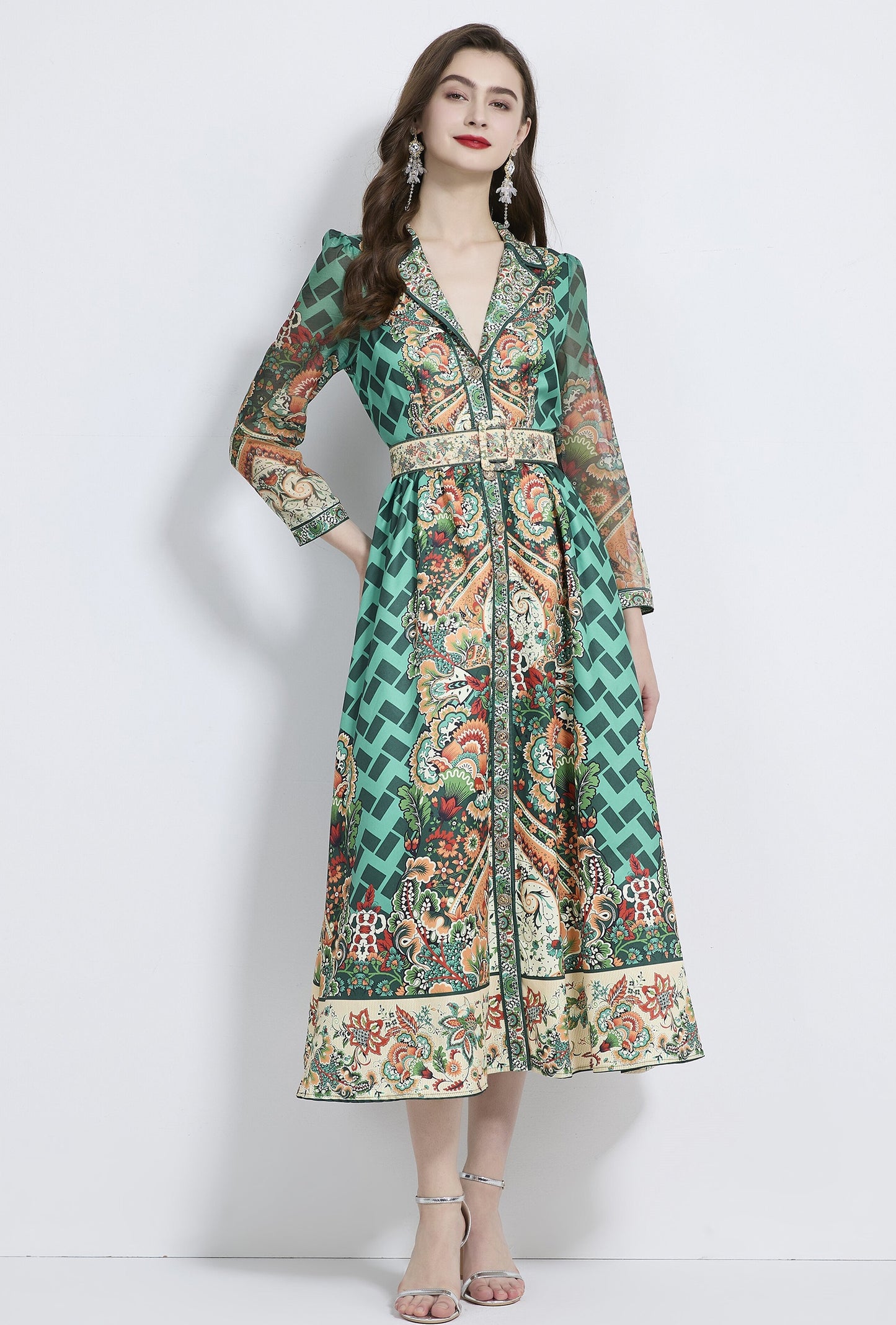 Retro Green V-neck Suit Collar Dress