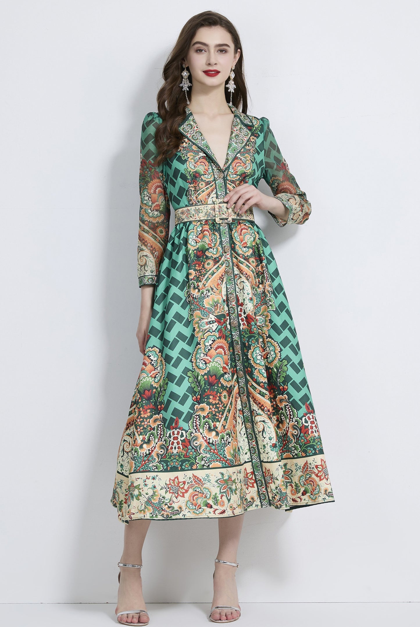Retro Green V-neck Suit Collar Dress