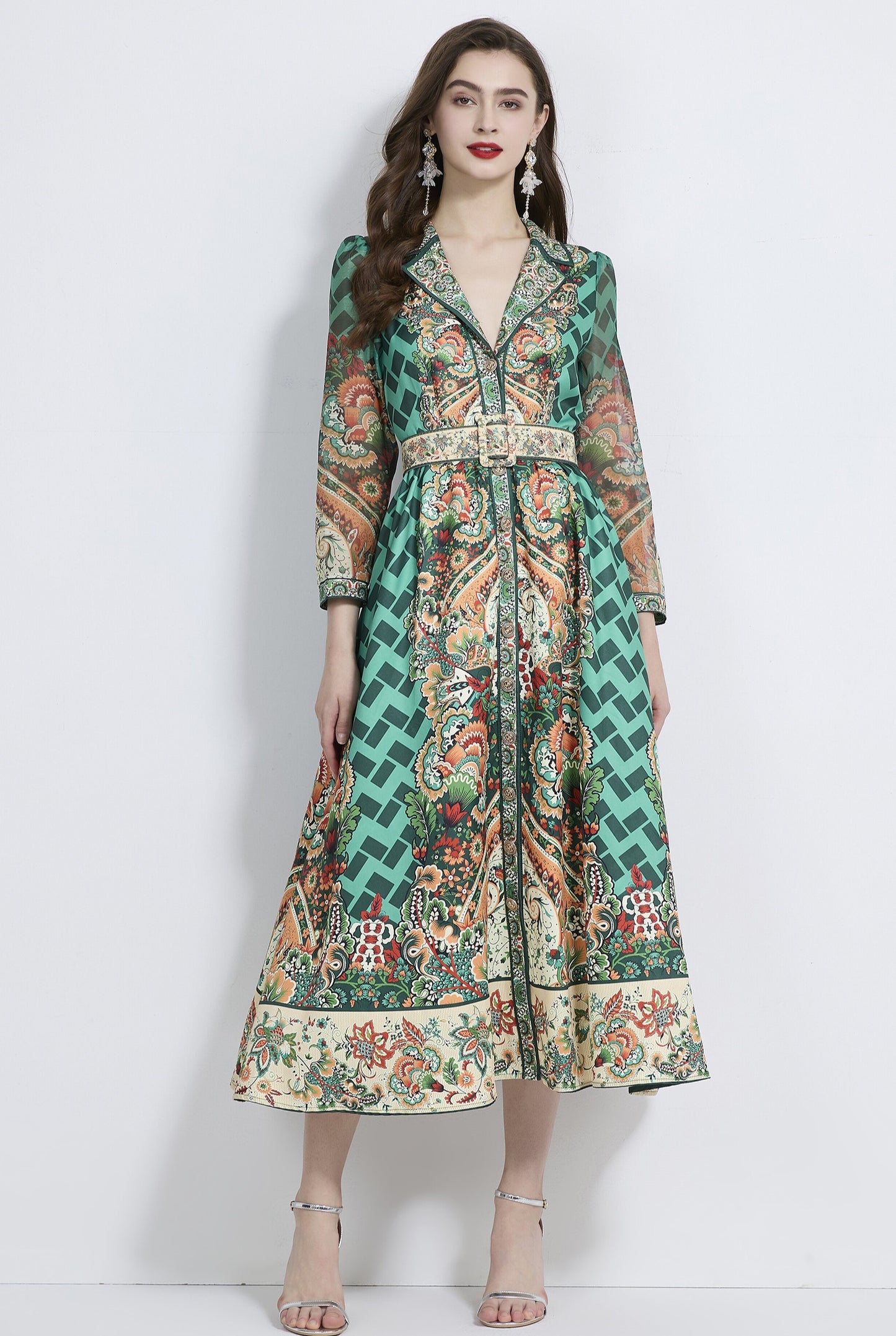 Retro Green V-neck Suit Collar Dress