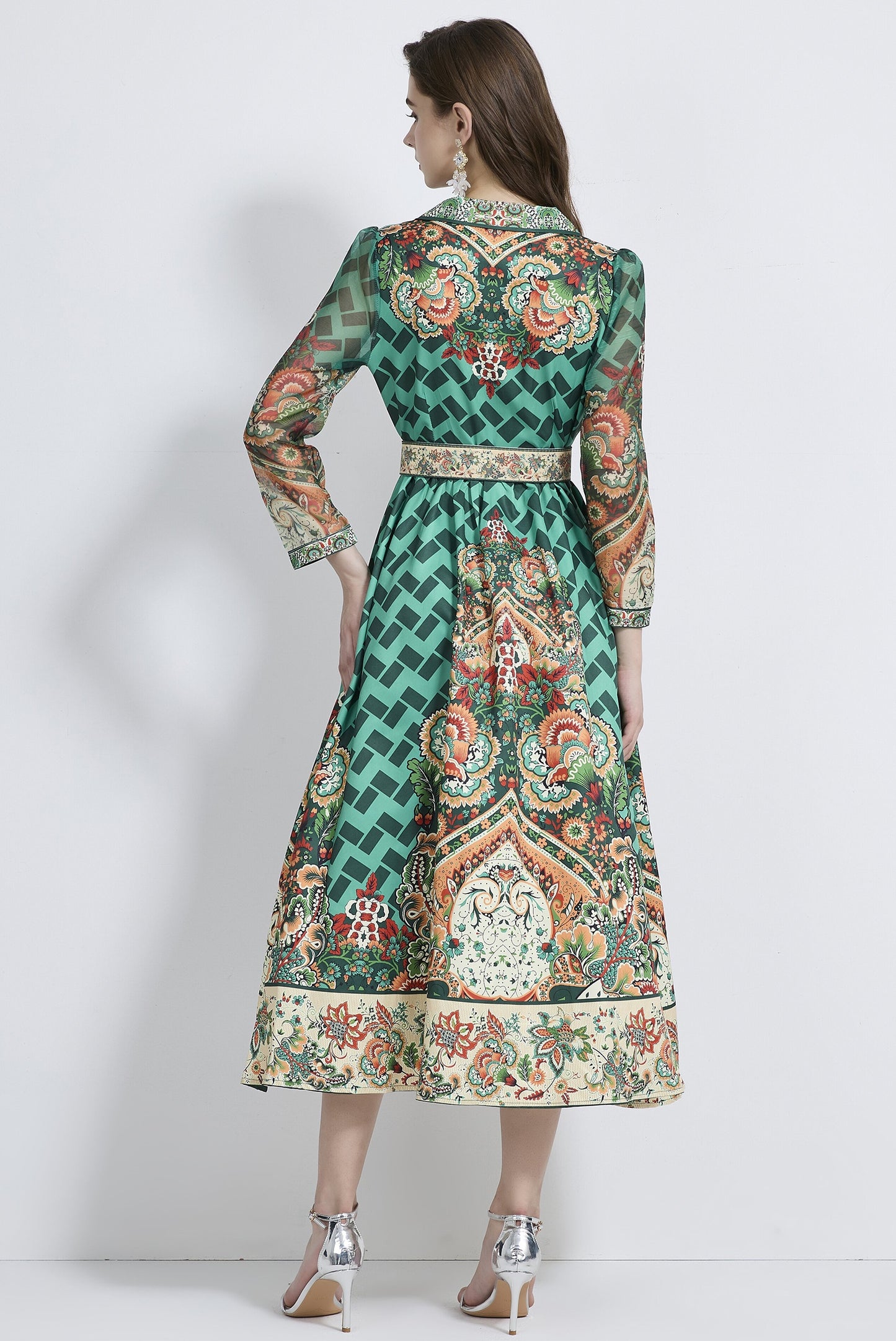 Retro Green V-neck Suit Collar Dress