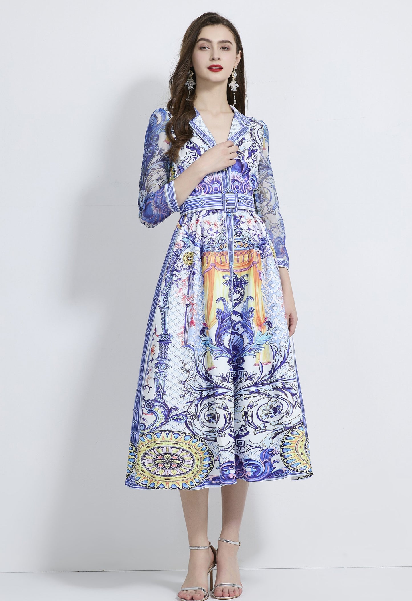 Retro Blue V-neck Suit Collar Dress