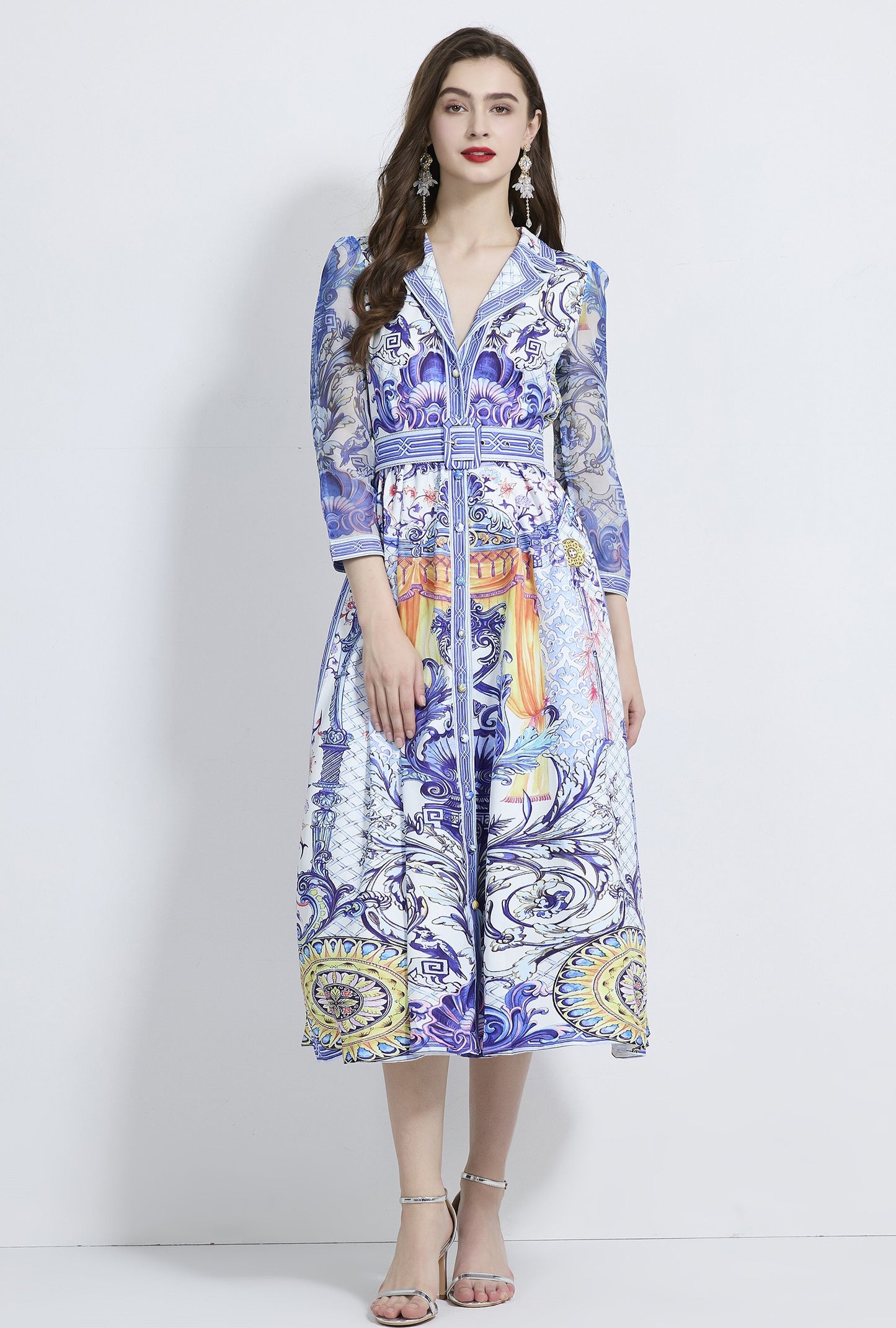 Retro Blue V-neck Suit Collar Dress