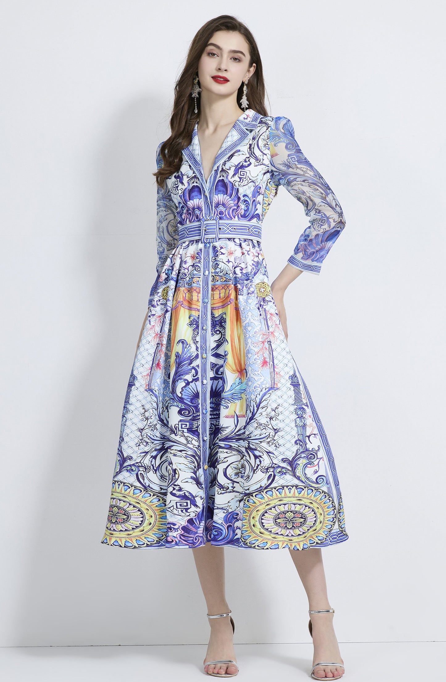 Retro Blue V-neck Suit Collar Dress