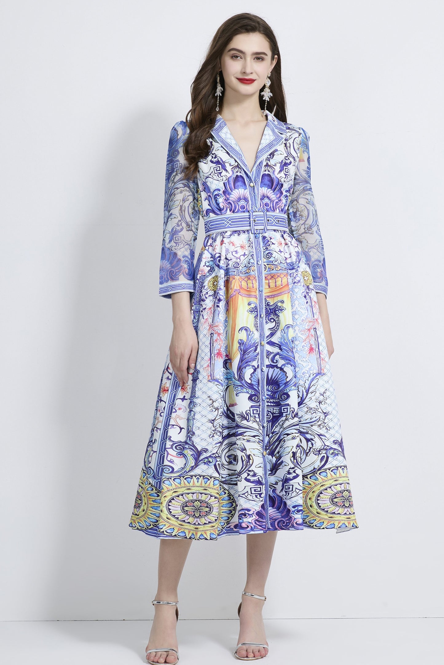 Retro Blue V-neck Suit Collar Dress