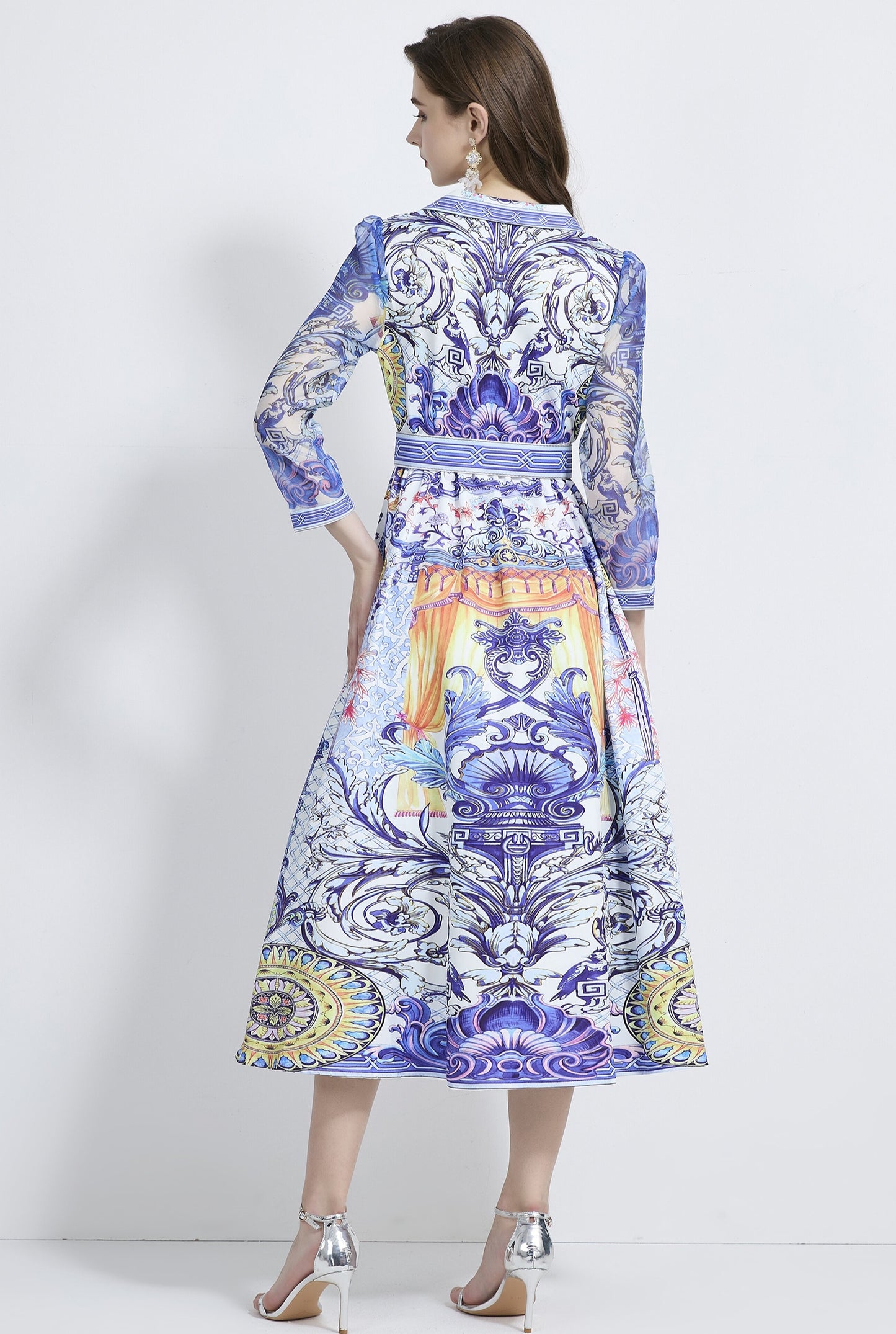 Retro Blue V-neck Suit Collar Dress