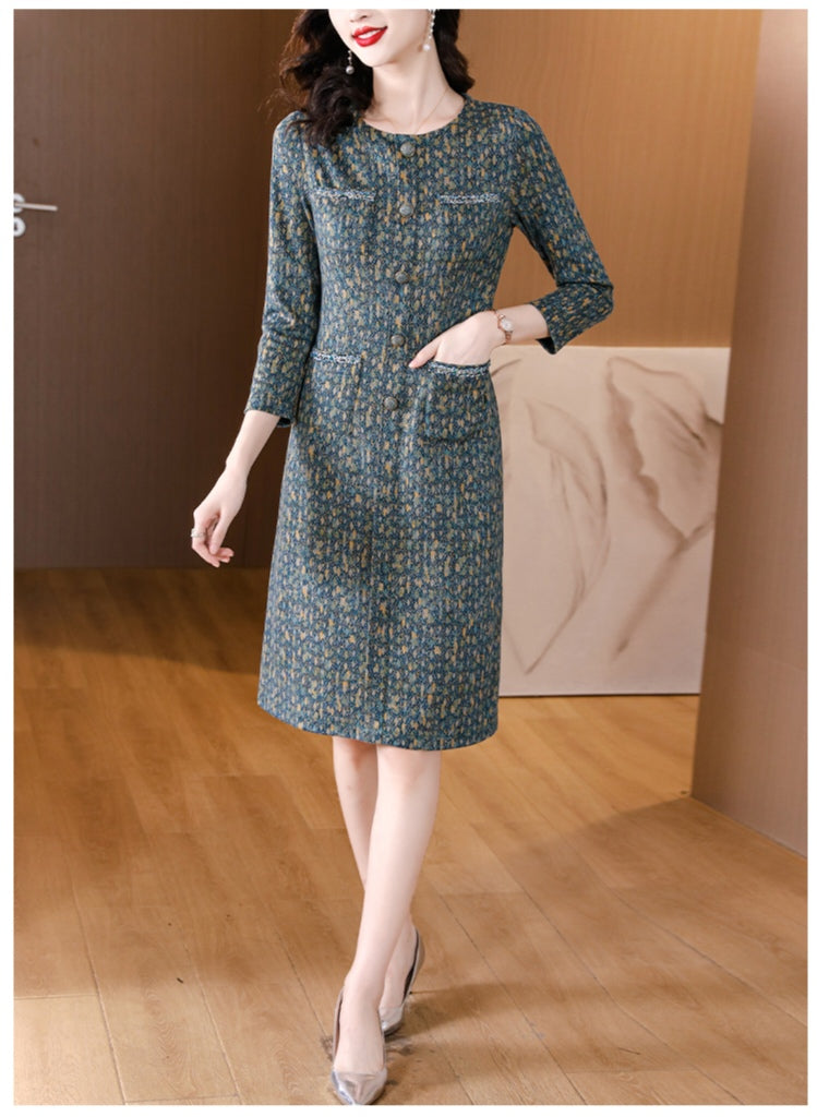 Vintage-Style Tweed Floral Print Knee-Length Dress