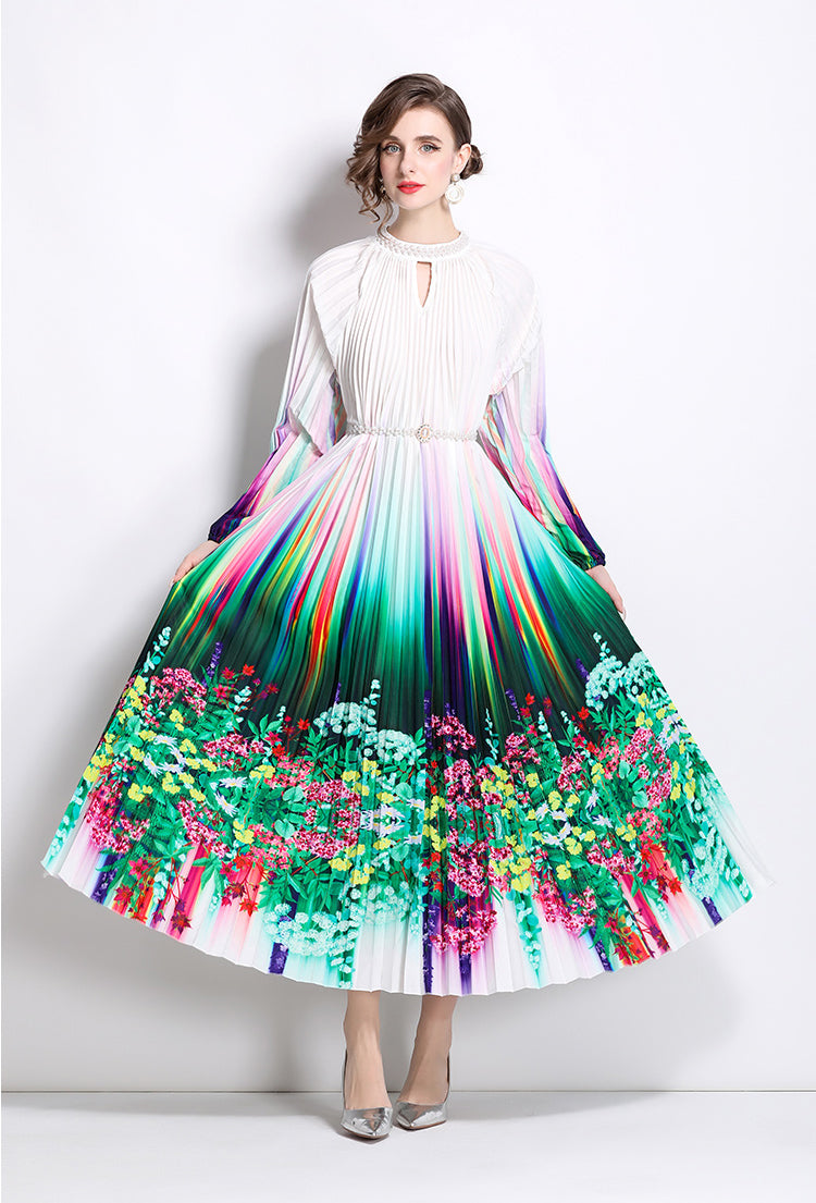 Floral Pleated Long-sleeve Dress