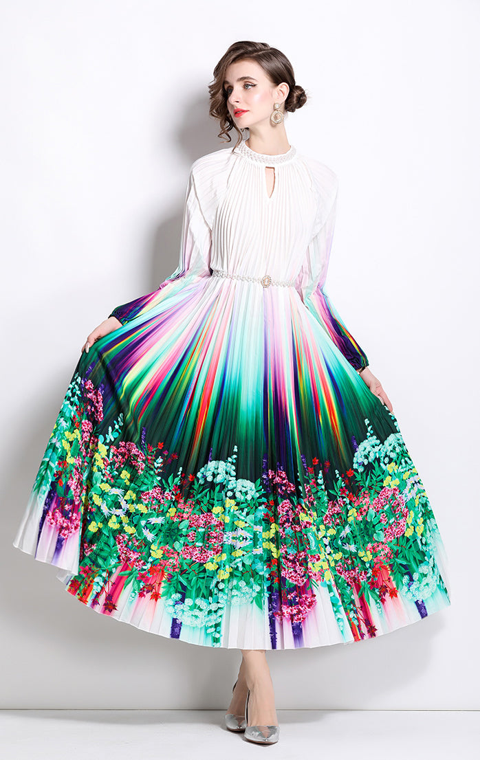 Floral Pleated Long-sleeve Dress