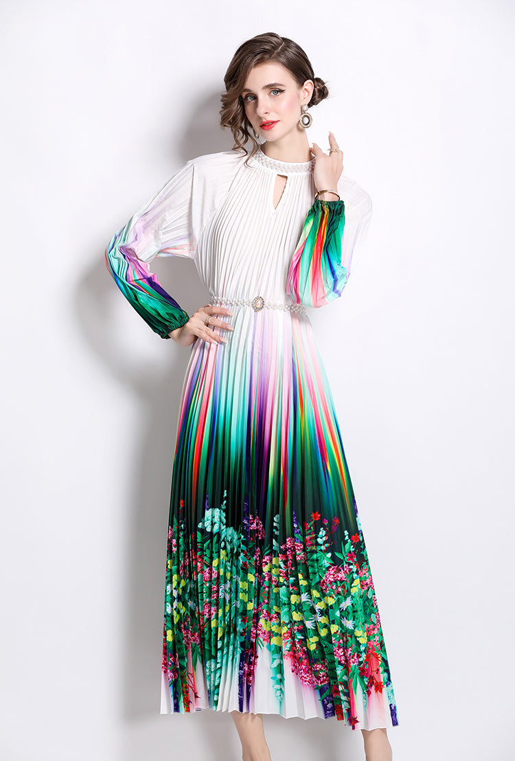 Floral Pleated Long-sleeve Dress