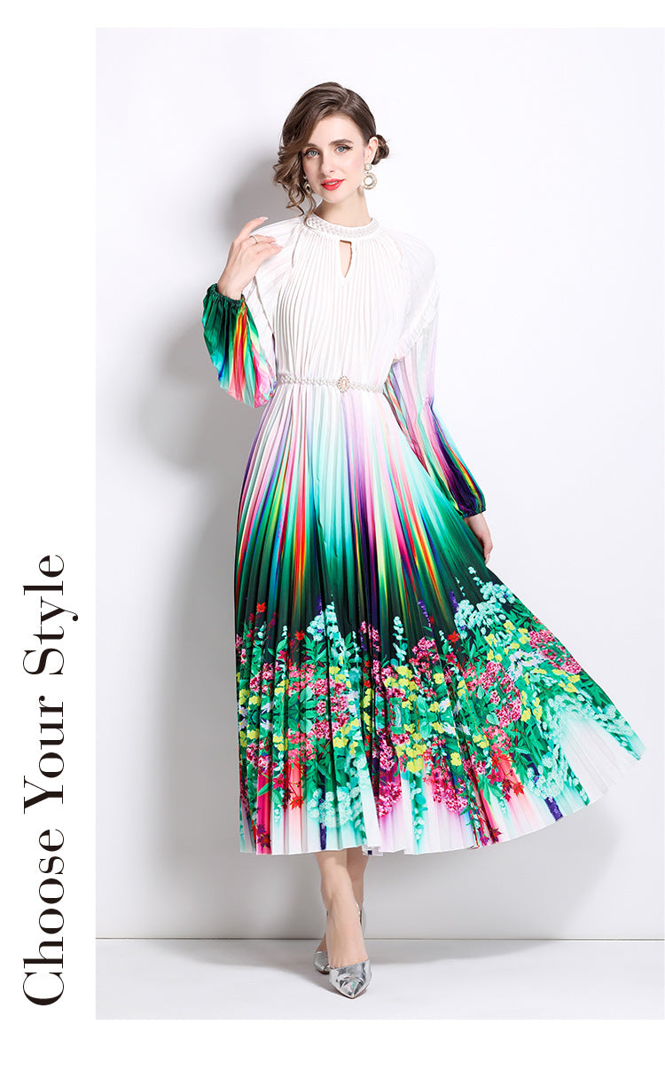 Floral Pleated Long-sleeve Dress