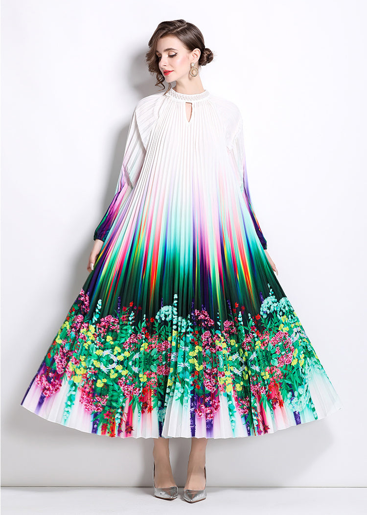 Floral Pleated Long-sleeve Dress