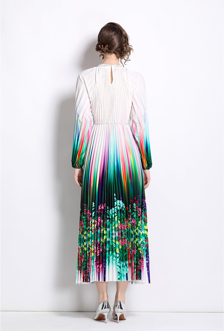 Floral Pleated Long-sleeve Dress