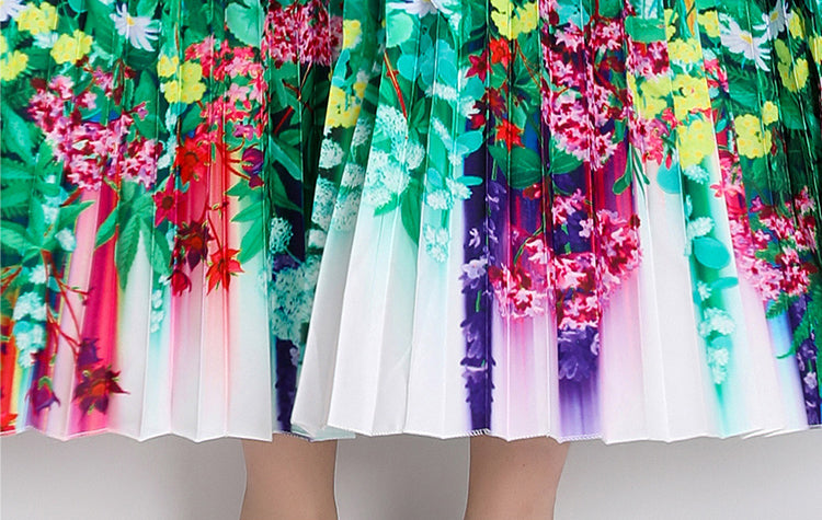 Floral Pleated Long-sleeve Dress