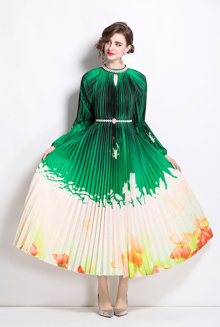 Floral Pleated Long-sleeve Pearl Button Dress