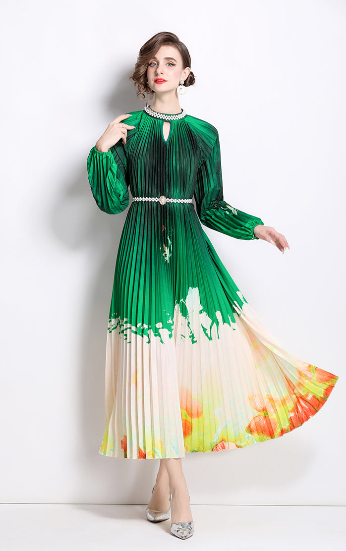 Floral Pleated Long-sleeve Pearl Button Dress