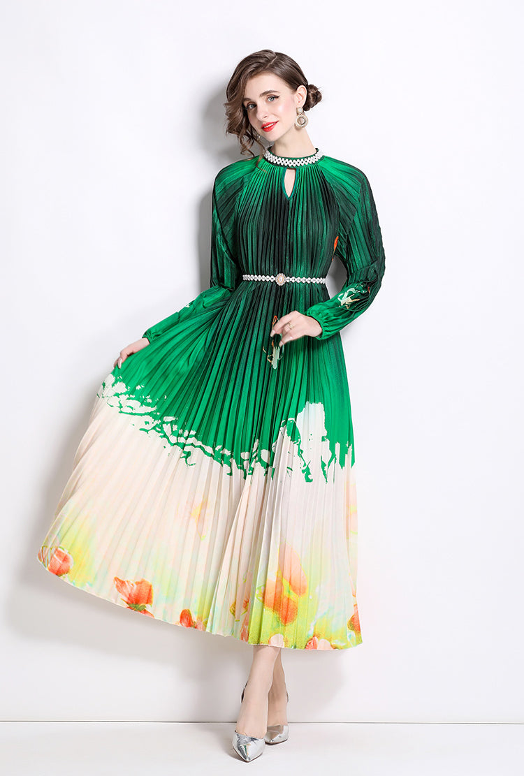 Floral Pleated Long-sleeve Pearl Button Dress