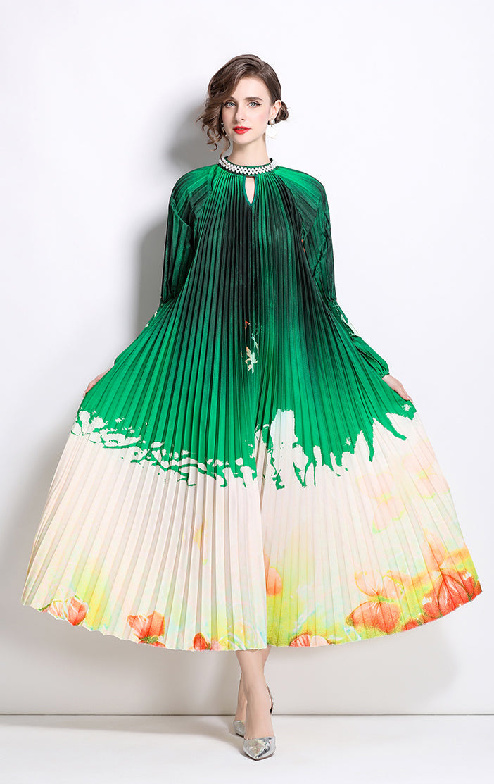 Floral Pleated Long-sleeve Pearl Button Dress