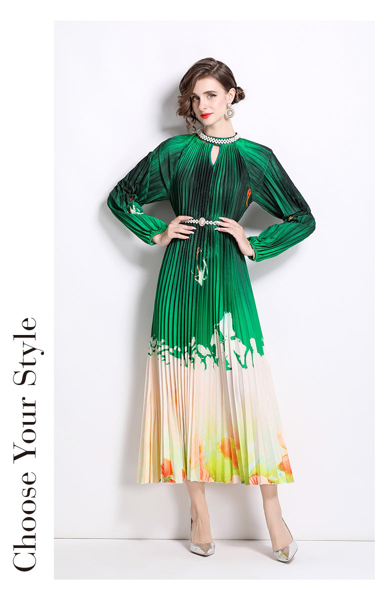 Floral Pleated Long-sleeve Pearl Button Dress