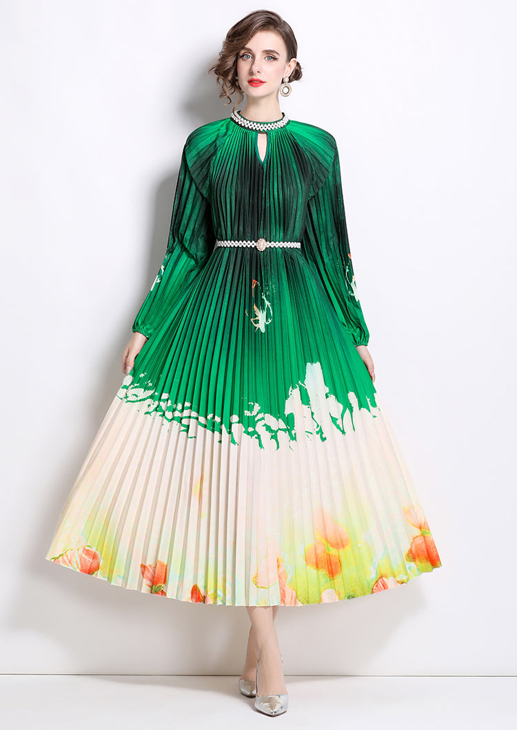 Floral Pleated Long-sleeve Pearl Button Dress