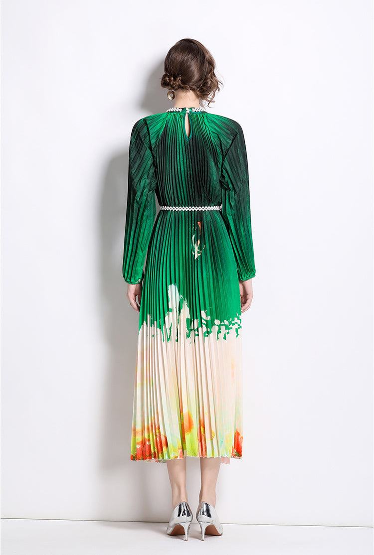 Floral Pleated Long-sleeve Pearl Button Dress