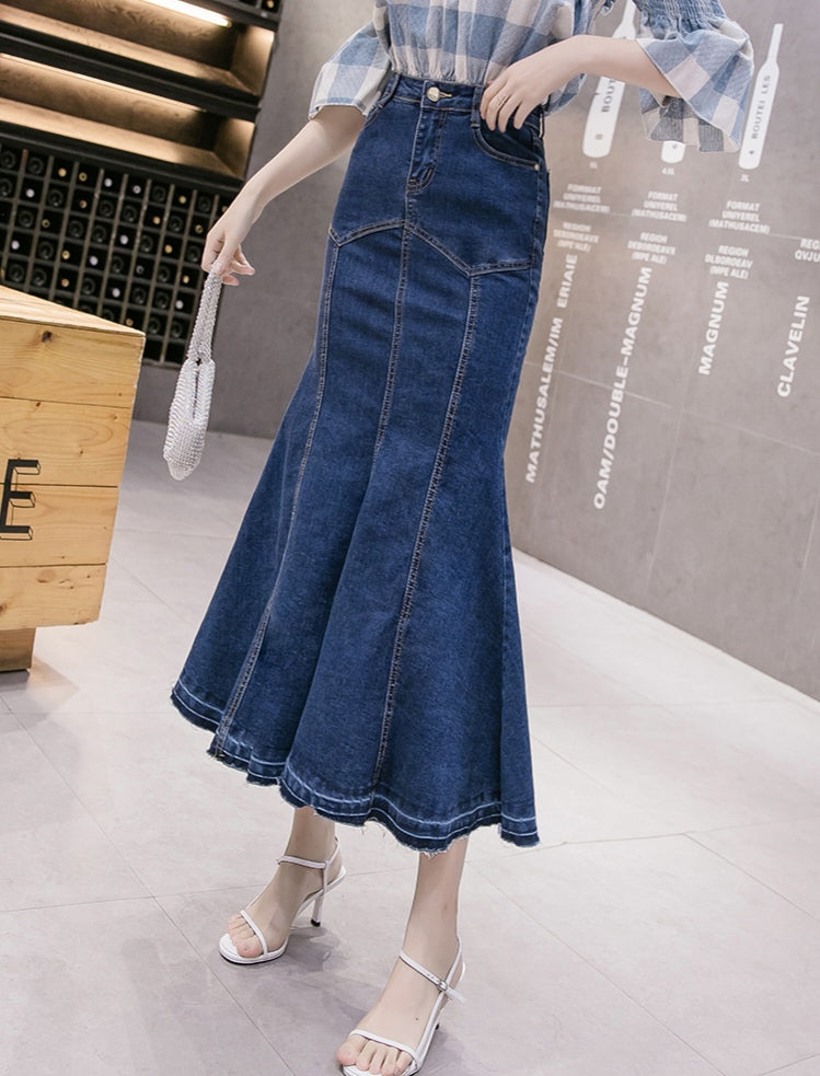 Blue Denim High Waist Mermaid Maxi Skirt