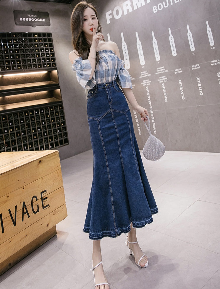 Blue Denim High Waist Mermaid Maxi Skirt