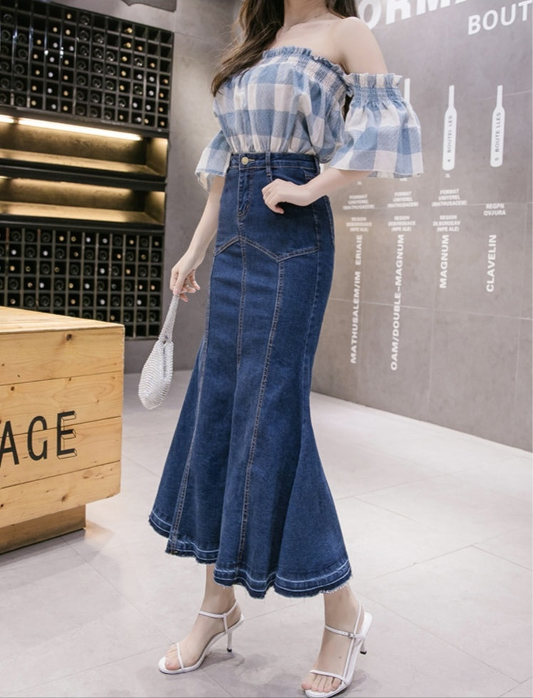 Blue Denim High Waist Mermaid Maxi Skirt