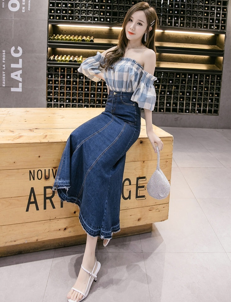 Blue Denim High Waist Mermaid Maxi Skirt