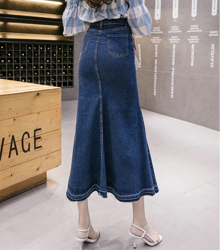 Blue Denim High Waist Mermaid Maxi Skirt