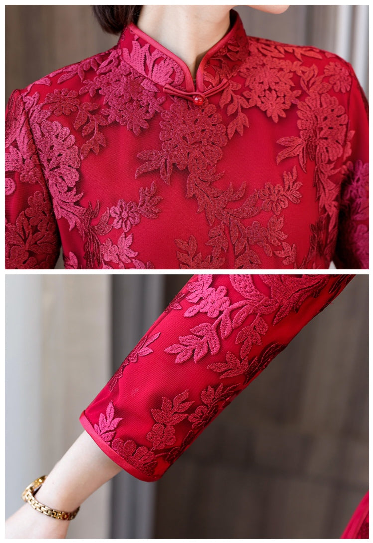 Elegant Chinese Cheongsam Dress with Floral Embroidery