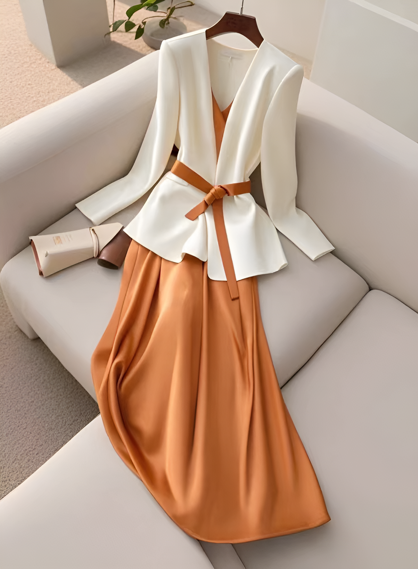 Elegant White Jacket + Orange Dress Two Pieces Suit Set