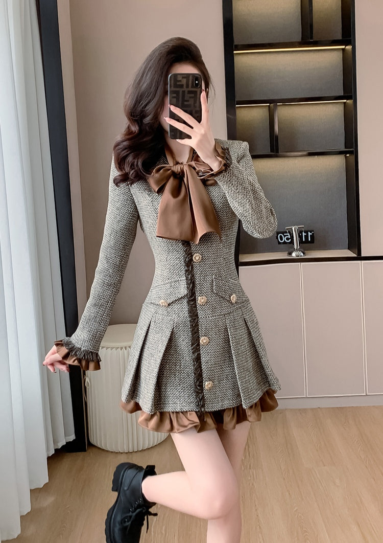 Brown and Gray Tweed Button-Front Dress with Satin Bow Tie and Ruffles