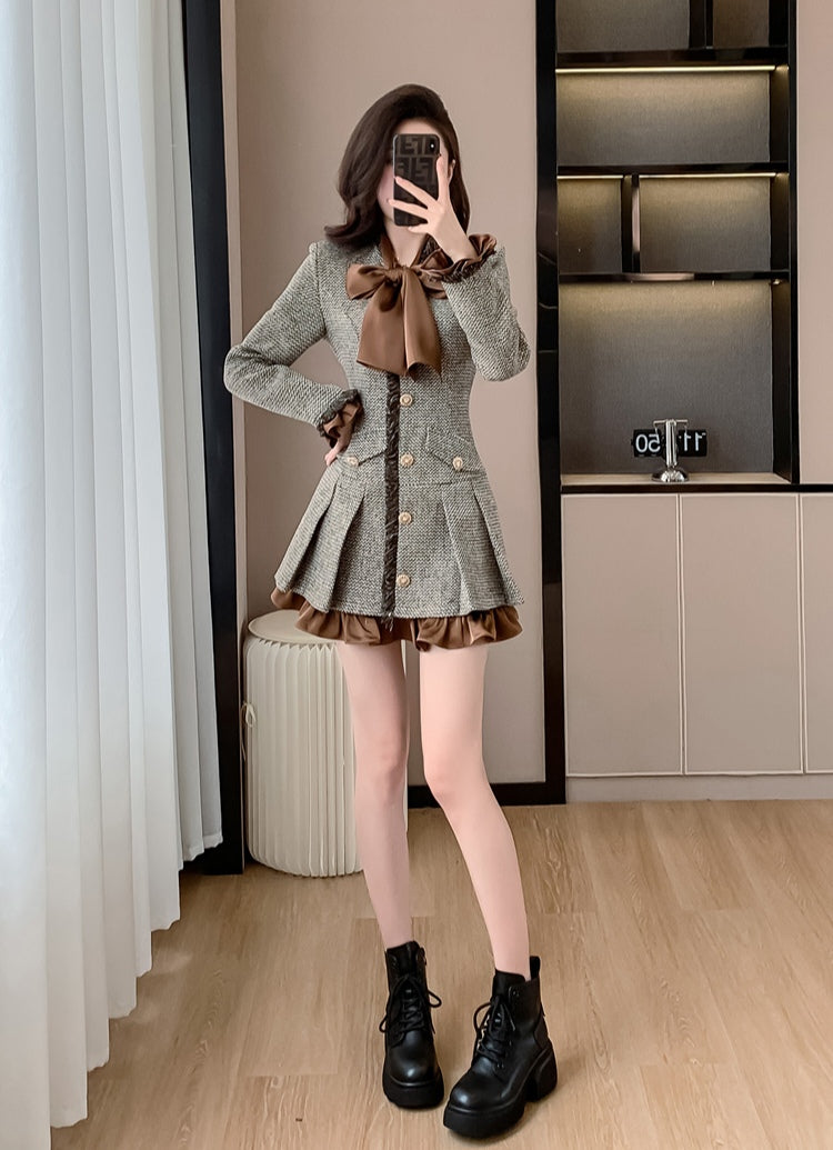 Brown and Gray Tweed Button-Front Dress with Satin Bow Tie and Ruffles