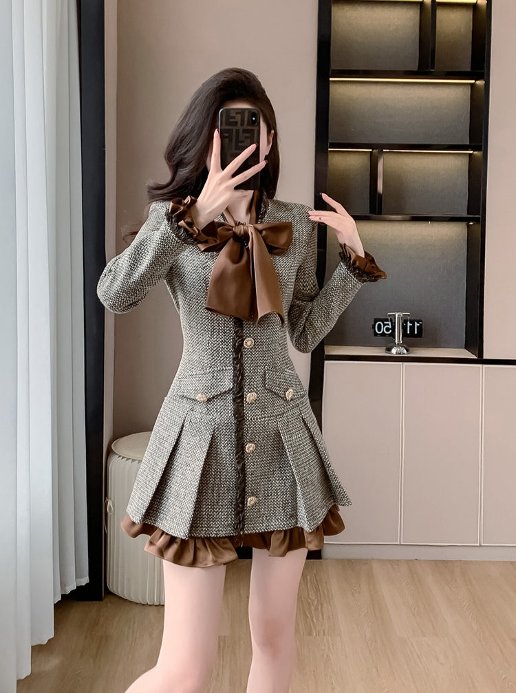 Brown and Gray Tweed Button-Front Dress with Satin Bow Tie and Ruffles