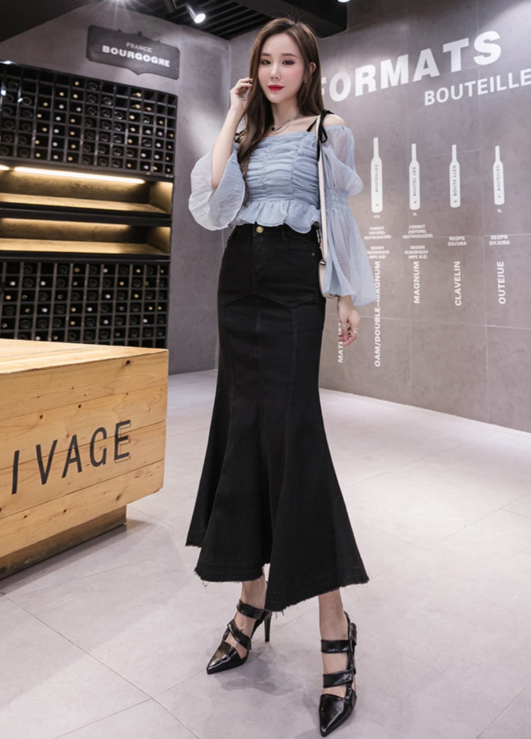 Black Denim High Waist Mermaid Maxi Skirt