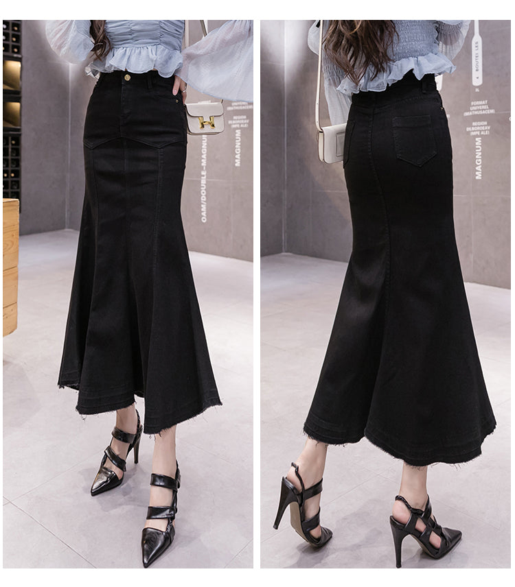 Black Denim High Waist Mermaid Maxi Skirt