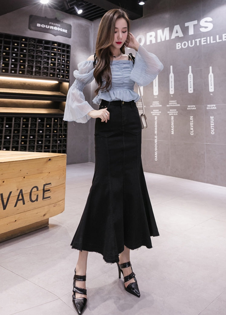 Black Denim High Waist Mermaid Maxi Skirt