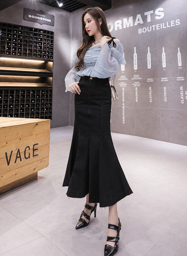 Black Denim High Waist Mermaid Maxi Skirt