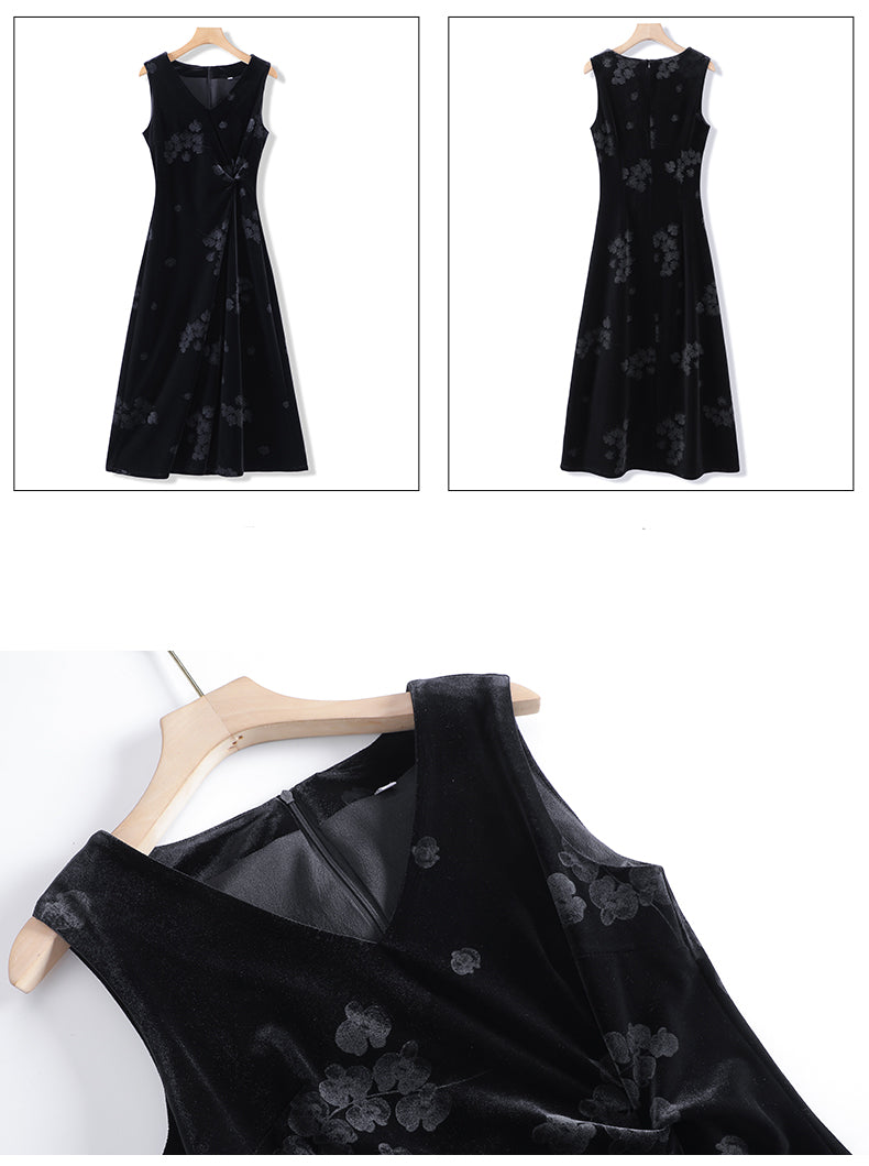 Black V-neck Sleeveless Mid-length Dress