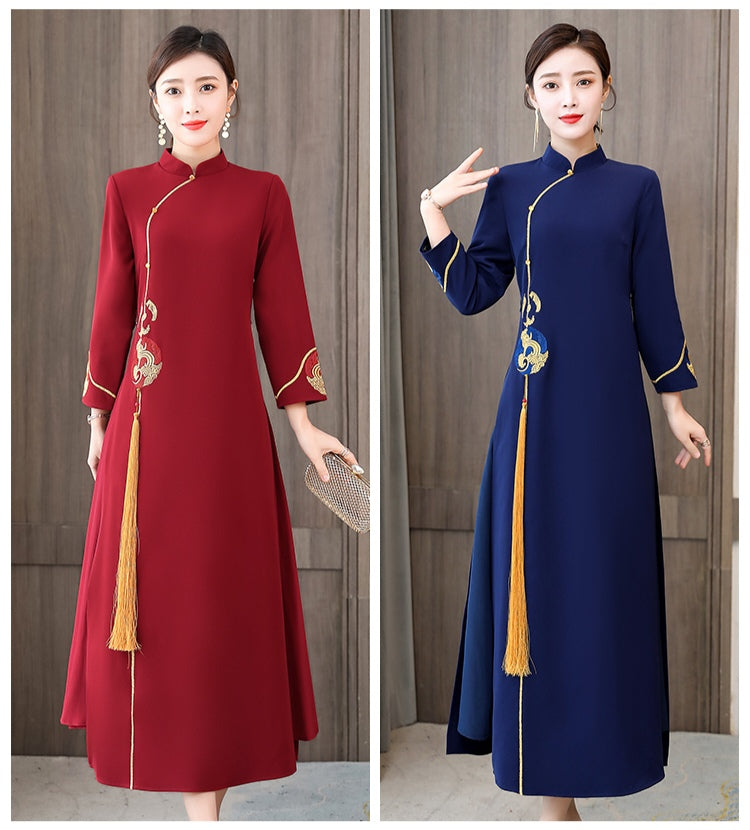 Long-Sleeve Cheongsam Dress with Tassel