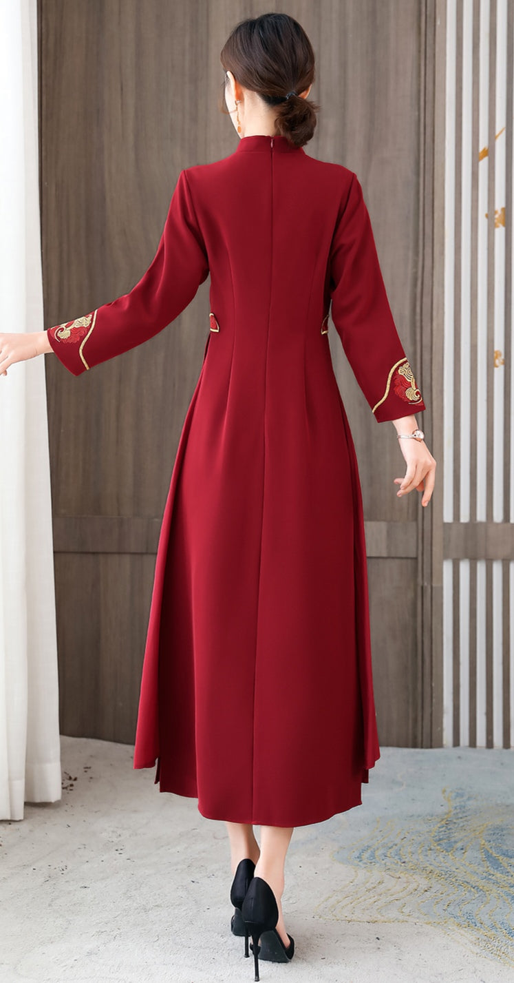 Long-Sleeve Cheongsam Dress with Tassel