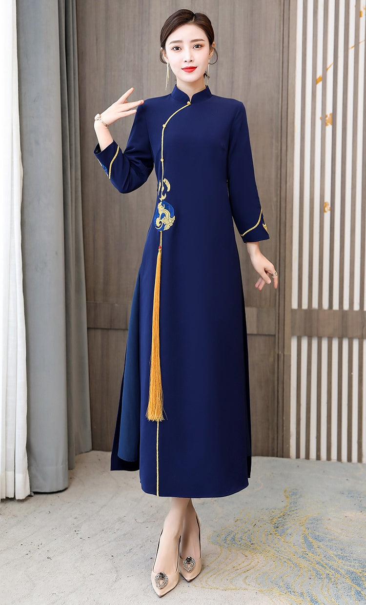 Long-Sleeve Cheongsam Dress with Tassel