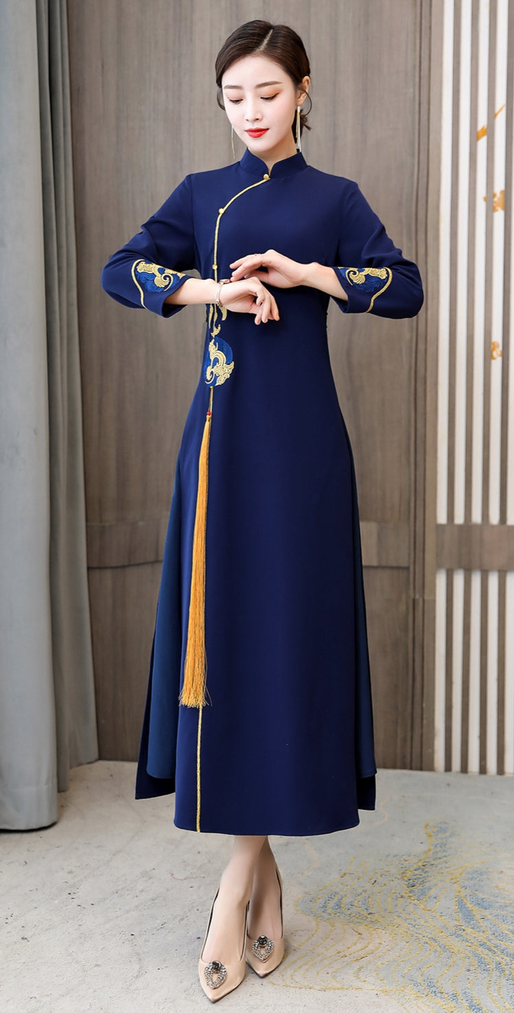 Long-Sleeve Cheongsam Dress with Tassel