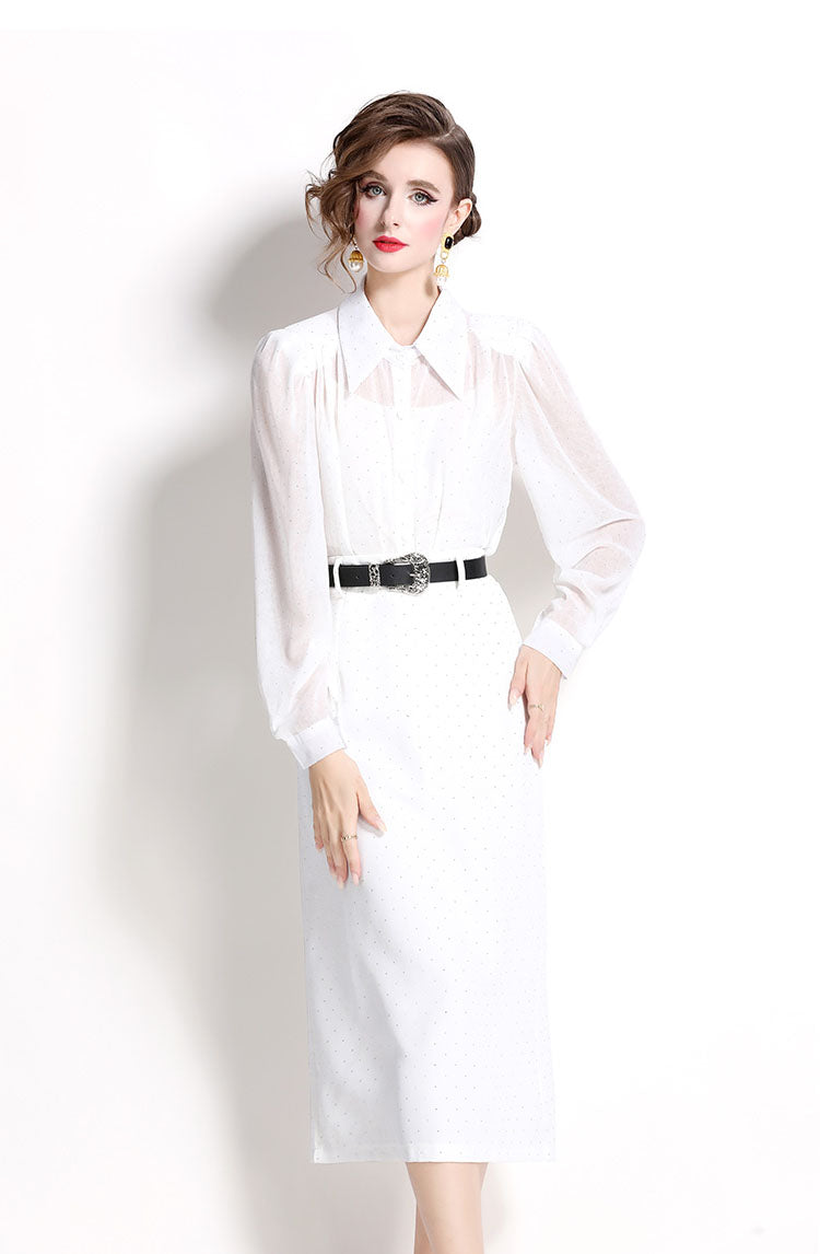 White Puff Sleeve Beaded Top + Skirt Two Pieces Set
