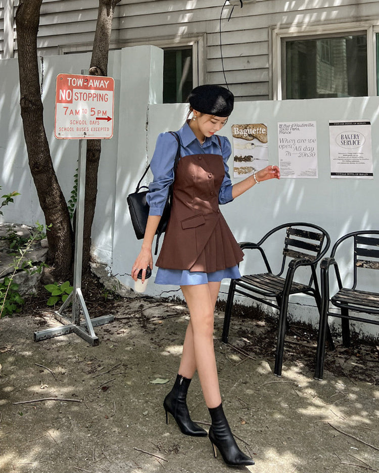 Blue Mini Dress + Vest Dress Two Pieces Set