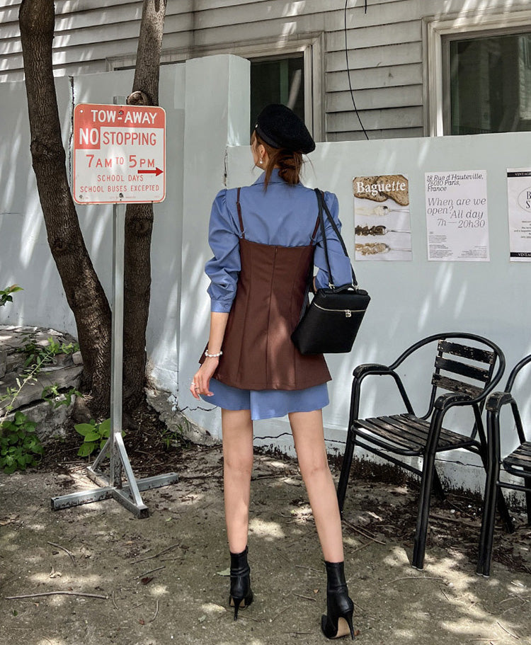 Blue Mini Dress + Vest Dress Two Pieces Set