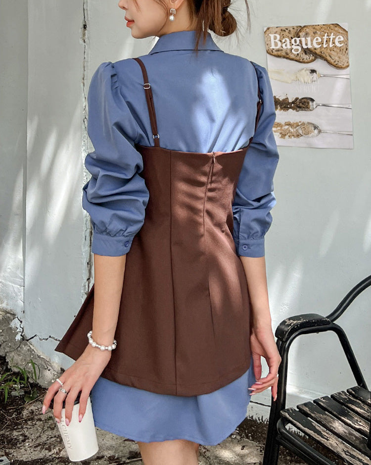 Blue Mini Dress + Vest Dress Two Pieces Set