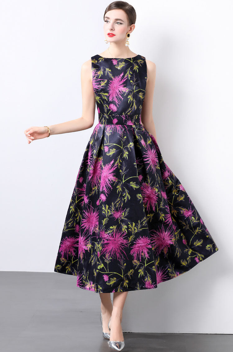 Purple Flower Print Sleeveless A-line Dress